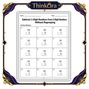 May include: A white educational worksheet titled Subtract 1-Digit Numbers from 2-Digit Numbers Without Regrouping, featuring fifteen math problems arranged in a grid. The page includes fields for Name and Date, with the brand name ThinkOra at the top.