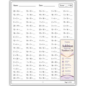 Könnte beinhalten: Ein weißes Mathe-Arbeitsblatt mit Spalten von Additionsaufgaben mit Zahlen von 1 bis 20. Die Seite enthält Felder für Name, Datum und Punktzahl von 100. Eine vertikale Seitenleiste zeigt den Text Thinkora Addition Practice with Numbers 1-20.