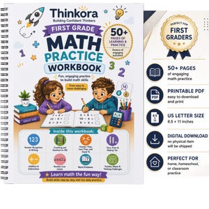 以下が含まれることがあります： スパイラル綴じのThinkora小学1年生向け算数練習帳。表紙には子供のイラスト、テキスト、計算問題が描かれています。サイドパネルには50ページ以上、PDF形式、21.59 x 27.94 cmのサイズなどの特徴が記載されています。