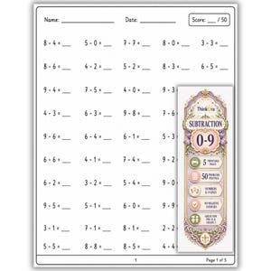 May include: A white math worksheet featuring subtraction problems with numbers 0-9, including blank lines for names, dates, and scores. An ornate vertical banner on the right displays the text Thinkora, SUBTRACTION 0-9, 5 PRINTABLE PAGES, 50 PROBLEMS PER PAGE, NUMBERS 0-9 ONLY, NO NEGATIVE ANSWERS, and GREAT FOR PRE-K & GRADE 1.
