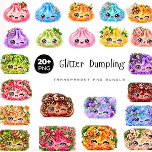 Puede incluir: Una colección de más de 20 ilustraciones digitales con personajes de albóndigas brillantes y coloridos con rostros expresivos, decorados con varias frutas, flores y dulces. El texto dice 20+ Glitter Dumpling Transparent PNG Bundle.