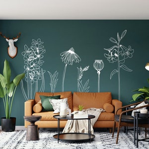 Large VINYL FLOWER wall sticker decals, hand drawn, Easy Install. Six beautiful flowers & plants, for home, van or shop windows (PACK 1)