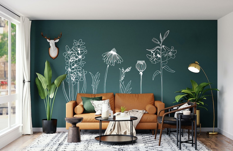 Large VINYL FLOWER wall sticker decals, hand drawn flowers, Easy Install. For home or shop windows PACK 1 image 1