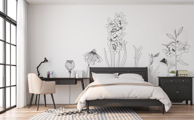 Large VINYL FLOWER wall sticker decals, hand drawn flowers, Easy Install. For home or shop windows PACK 1 image 4