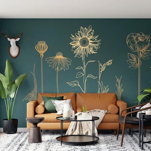 Grote handgetekende muurstickers met wilde bloemen, botanische weidebloemenstickers (verpakking van 2)