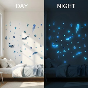 Glow In The Dark Wall Stickers  Ocean themed Kids Room Decor Sea Animals. Whales, Turtles, Exotic fish, Coral, Jelly fish. Birthday Wall Art