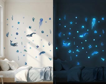 Pegatinas de pared que brillan en la oscuridad. Decoración infantil con temática oceánica. Animales marinos: ballenas, tortugas, peces exóticos, corales y medusas. Decoración de pared para cumpleaños.
