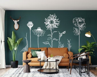 Grandi adesivi murali decorativi FIORI IN VINILE tra cui sette bellissimi fiori disegnati a mano, facile installazione. Per la casa o le vetrine (Pack 2)