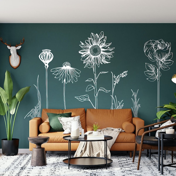 Grandi adesivi murali decorativi FIORI IN VINILE tra cui sette bellissimi fiori disegnati a mano, facile installazione. Per la casa o le vetrine (Pack 2)