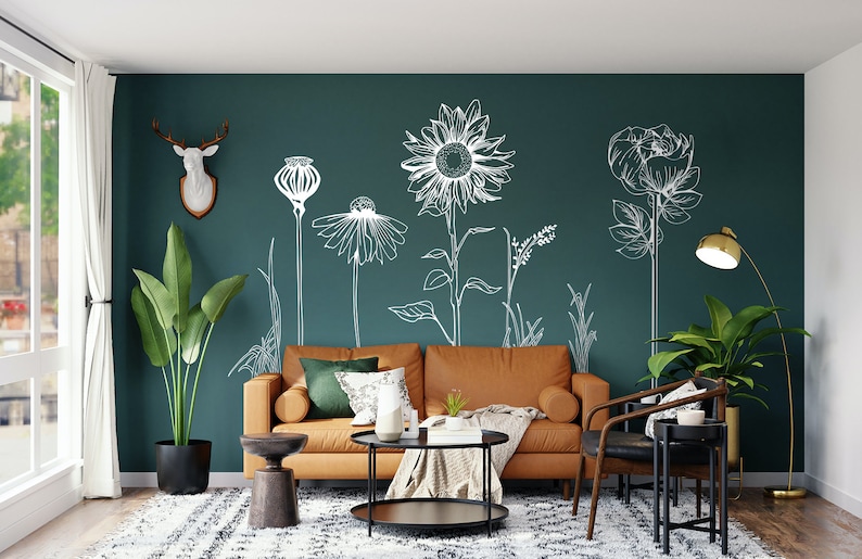 Large VINYL FLOWER decorative wall stickers including seven beautiful hand drawn flowers, easy Install. For home or shop windows Pack 2 image 1