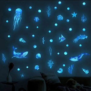 Ocean Sea Creatures in Blue Glow In The Dark Wall Sticker Decor including exotic Fish, Shells, Whales & Coral. Cool Wall Art decal murals