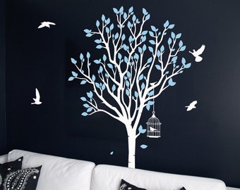 Tree with birds and birdcage Vinyl Wall Sticker Life Size | 110cm  x 195cm // 43 x 76 inches |