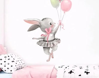 Dancing Ballerina Rabbit with balloons, vinyl wall sticker for baby girls room