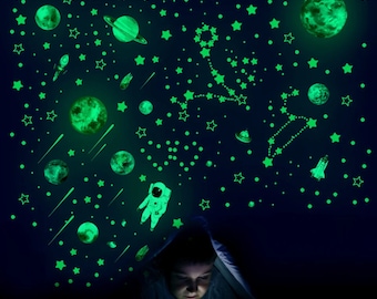 Glow in the Dark Space Wall Stickers. Comets, UFO, Rockets, Spaceman, shuttle, Asteroids, Planets, Saturn, Stars. Kids Bedroom Galaxy Decor