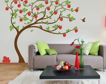 APPLE TREE vinyl Wall Sticker. Tree with apples leaning in the wind with birds |  210 x 190cm / 82 x 75 inches