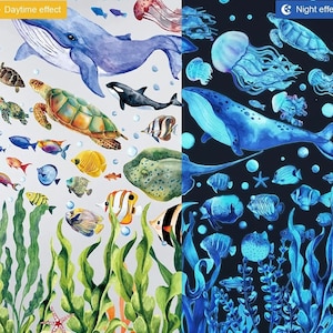 100 Glow in the Dark Wall Stickers Ocean Creatures Luminus by Nite, Beautiful by Day.Tropical Fish,whales,turtle,Plants,Jellyfish Kids decor