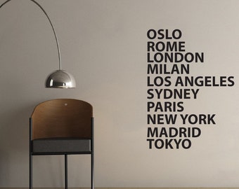 10 CITY NAMES Wall Art Sticker Decor of your choice and Colour, Cool Decal for office, lounge or Den. One City Name in Country Colours.