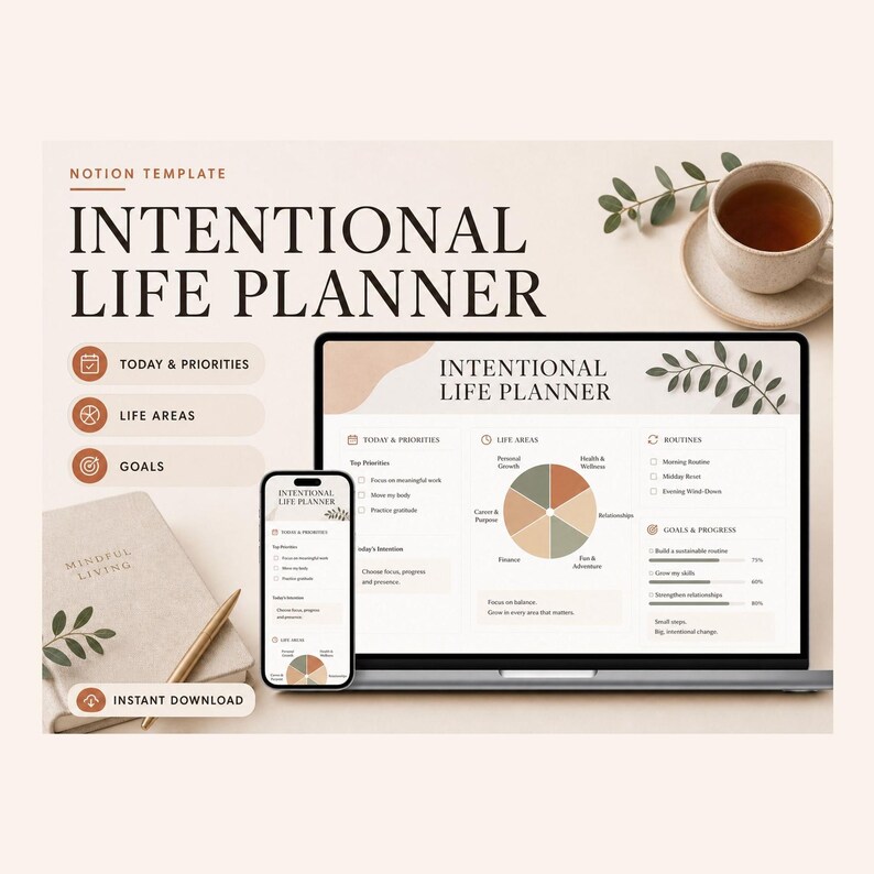 Intentional Life Planner Notion Template – Goals, Habits, Routines (Digital Download) image 1