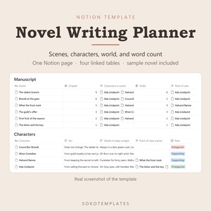Plantilla de Notion para planificar la escritura de novelas: trama, personajes, mundo y recuento de palabras en un solo lugar.