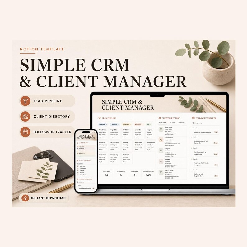 Simple CRM Client Manager Notion Template – Organized Workspace (Digital Download) image 1