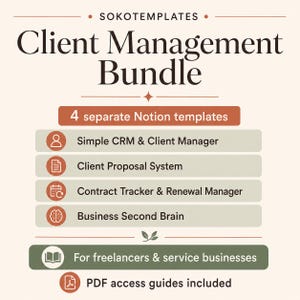 Paquete de gestión de clientes de Notion para autónomos: CRM, propuestas, seguimiento de contratos y notas comerciales.