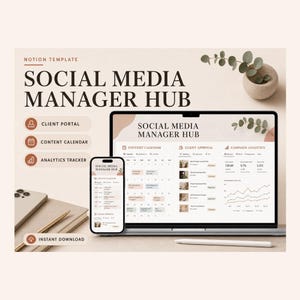 Social Media Manager Hub Notion-sjabloon – Klantenaccounts, contentkalenders, facturen (digitale download)