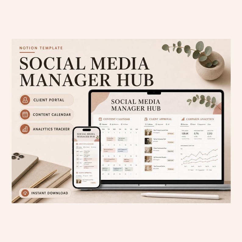 Social Media Manager Hub Notion Template – Client Accounts, Content Calendars, Invoices (Digital Download) image 1