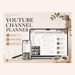 YouTube-kanaalplanner-sjabloon voor Notion – Plan video's, titels, thumbnails en kijkersbehoud op één plek. afbeelding 1