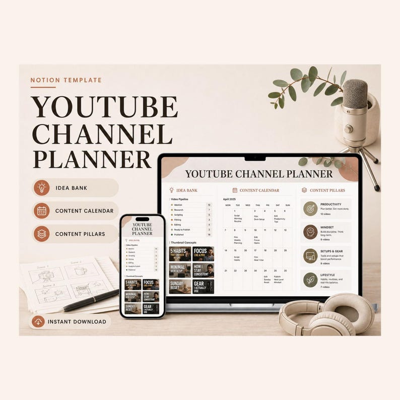 YouTube-kanaalplanner-sjabloon voor Notion – Plan video's, titels, thumbnails en kijkersbehoud op één plek. afbeelding 1
