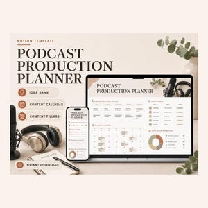 Podcastproductieplanner (Notion-sjabloon) – Gasten, afleveringen, shownotities en releasedatums worden bijgehouden.