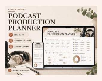 Podcast Production Planner Notion Template – Guests, episodes, show notes and release dates tracked