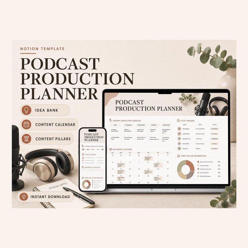 Podcast Production Planner Notion Template – Guests, episodes, show notes and release dates tracked image 1