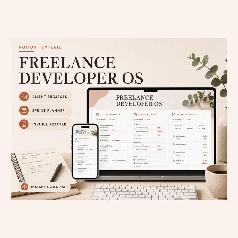 Freelance Developer OS Notion Template – Track contracts, hours and invoices without a spreadsheet graveyard image 1