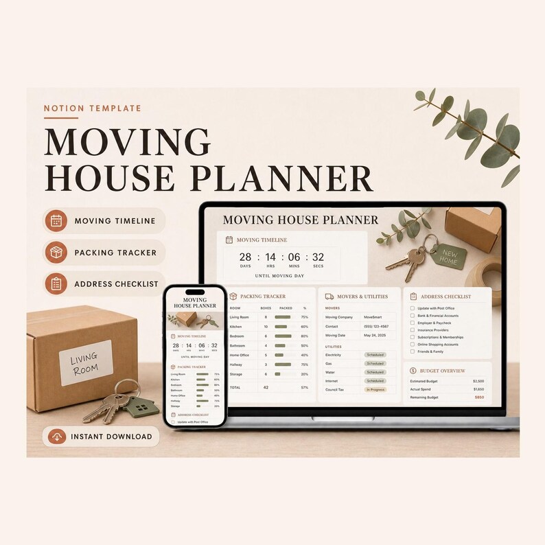 Moving House Planner Notion Template – Timeline, Packing, Address, Budget (Digital Download) image 1
