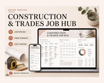 Plantilla de Notion para centro de empleo de construcción y oficios: seguimiento adecuado de presupuestos, trabajos, materiales y pagos.