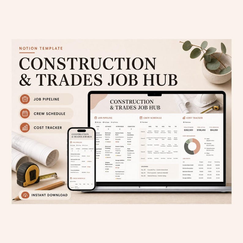 Construction & Trades Job Hub Notion Template – Quotes, jobs, materials and payments tracked properly image 1