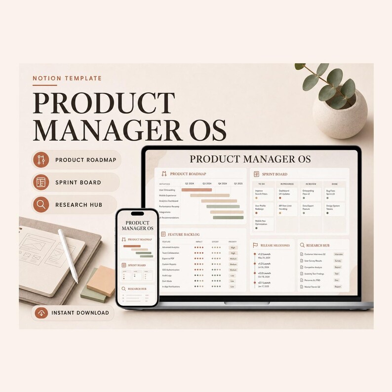 Product Manager OS Notion Template – Roadmap, Backlog, Sprints (Digital Download) image 1