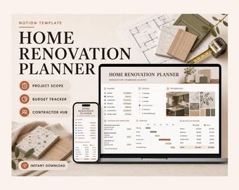 Home Renovation Planner Notion Template – Project, Budget, Contractors (Digital Download)