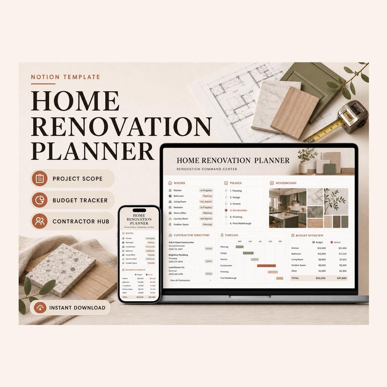 Home Renovation Planner Notion Template – Project, Budget, Contractors (Digital Download) image 1