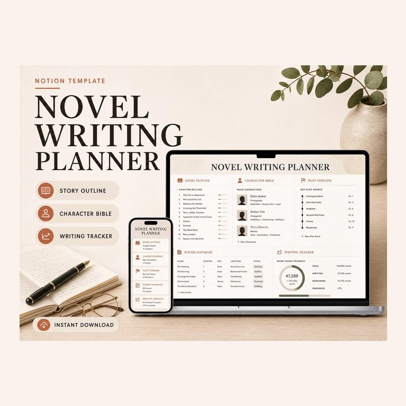 Novel Writing Planner Notion Template – Plot, characters, world and word count in one place image 1
