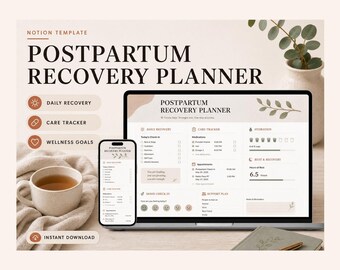 Modello di agenda per il recupero post-parto di Notion – Cura quotidiana, umore, appuntamenti (download digitale)