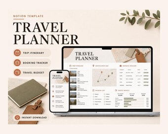 Modello di agenda di viaggio Notion: ogni viaggio, itinerario, prenotazione, budget e preparazione dei bagagli, tutto in un unico posto.