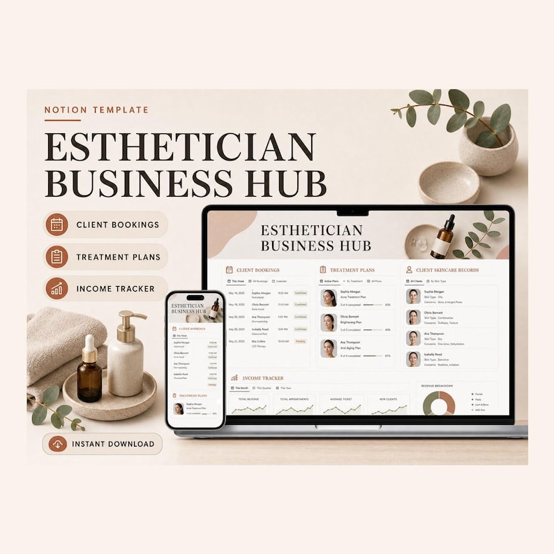 Esthetician Business Hub Notion Template – Clients, treatments, rebookings and takings in one place image 1