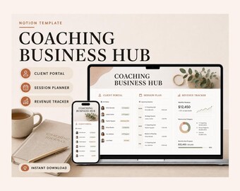 Plantilla de Notion para centro de negocios de coaching: clientes, sesiones, paquetes y renovaciones en un solo lugar.