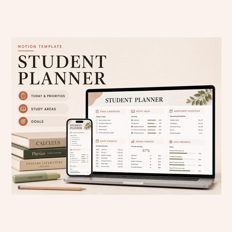 Student Planner Notion Template – Courses, assignments, exams and grades in one place image 1
