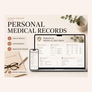 Personal Medical Records Notion Template – Health History, Medications, Appointments (Digital Download)