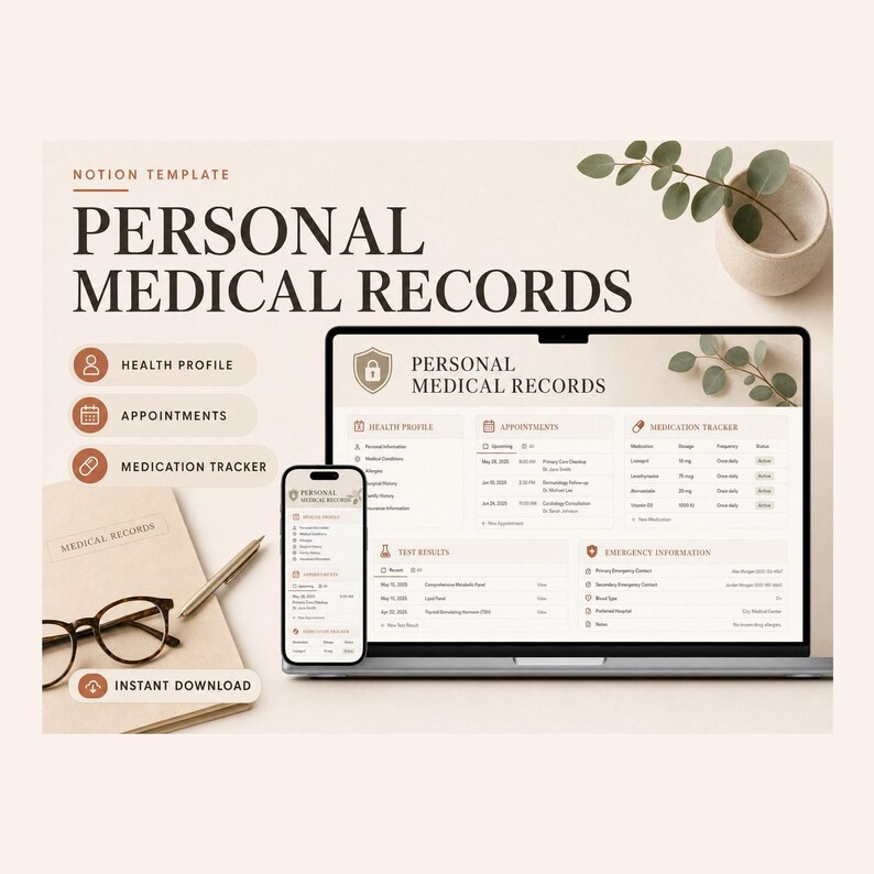 Plantilla de Notion para historial médico personal: historial de salud, medicamentos, citas (descarga digital) imagen 1