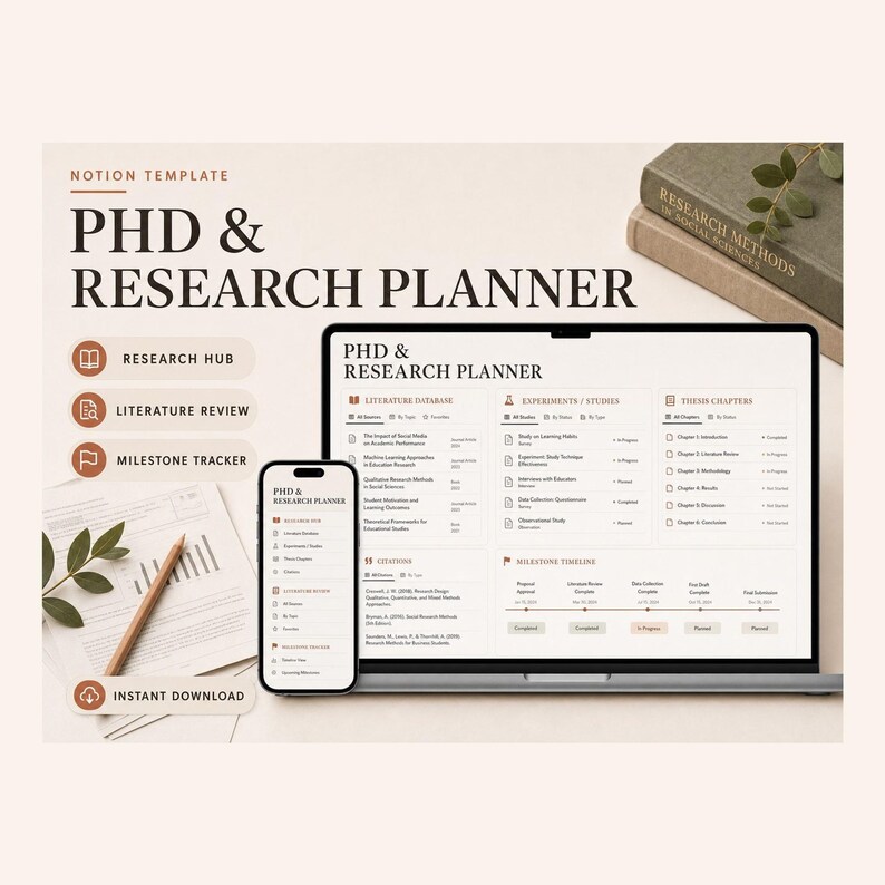 PhD & Research Planner Notion Template – Literature, experiments, writing and deadlines in one place image 1