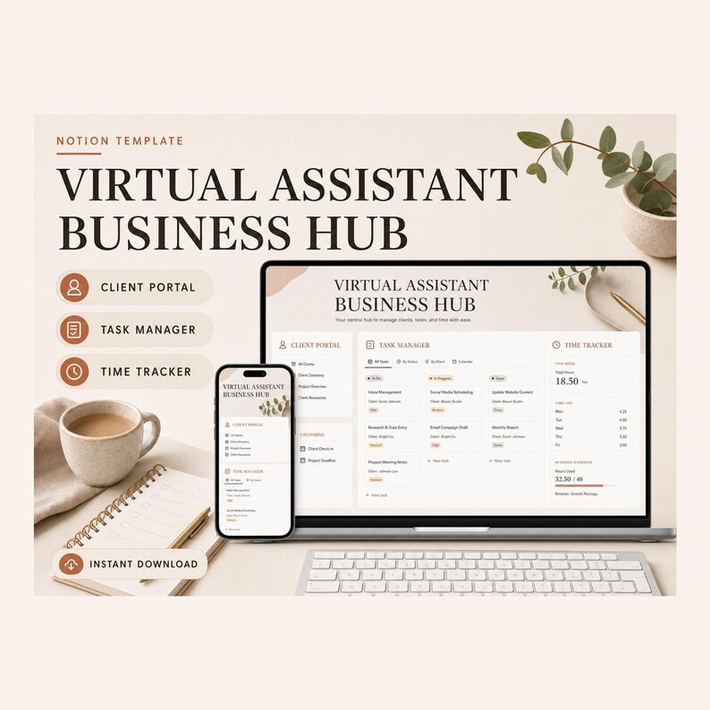 Virtual Assistant Business Hub Notion Template – Track every client's hours, tasks and renewal date image 1