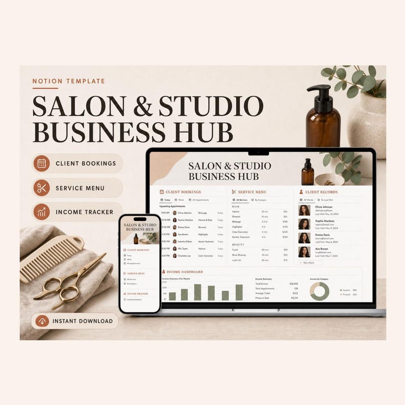 Salon & Studio Business Hub Notion Template – Client Bookings, Income Tracker (Digital Download) image 1